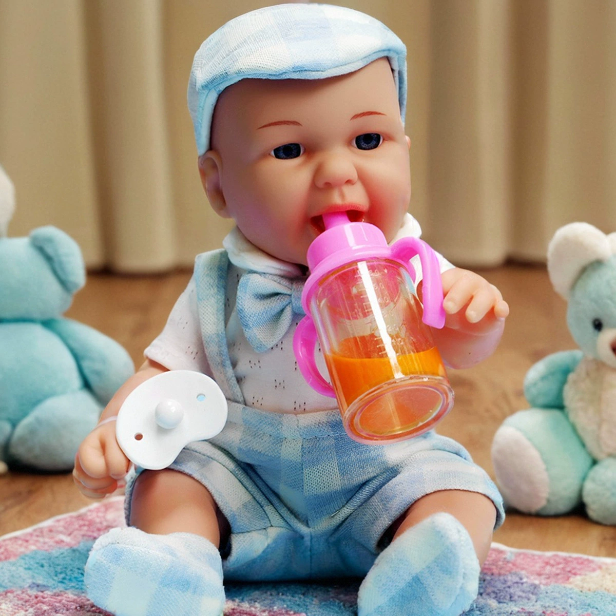 Realistic doll plastic, toy for baby for bath, feeding bottle, pacifier, 30 cm
