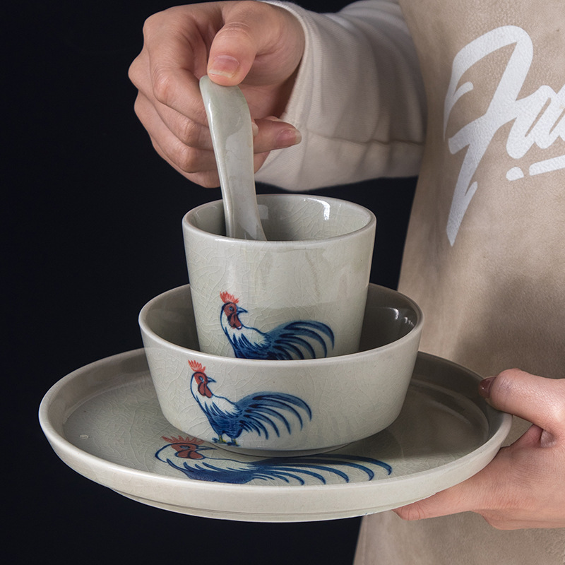 Chinese Rooster Tableware Retro Nostalgic Creative Rice Bowl Spoon Cup Bone Plate Ceramic suit Restaurant Hotel Commercial
