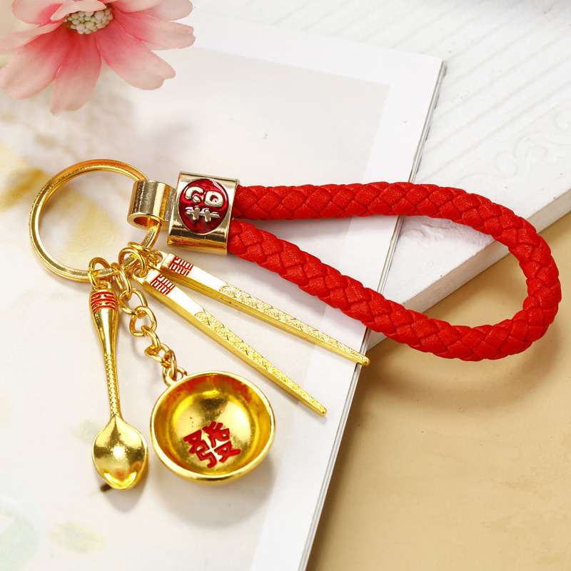 New Creative Small Jewelry Kitchen Tableware Three-piece Chopsticks Golden Rice Bowl Spoon Keychain Metal Key Chain Ring