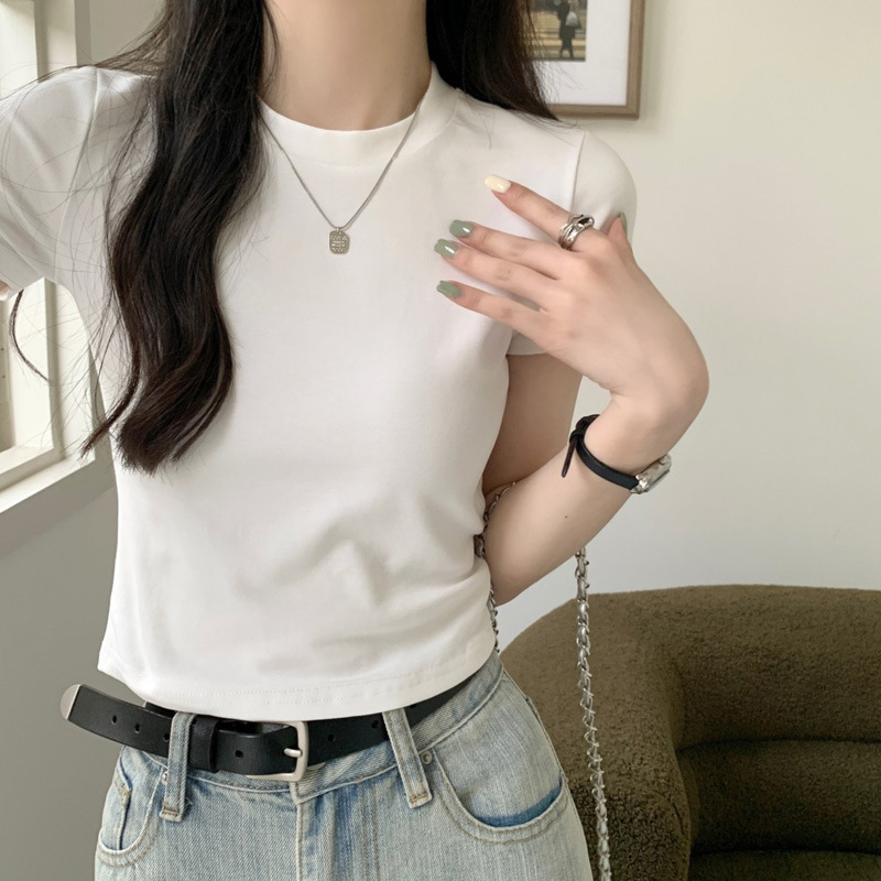 Pure Cotton Short-Sleeve Crop Top for Petite Women, Slim Fit, High-Waisted, Midriff-Baring, Summer Fashion