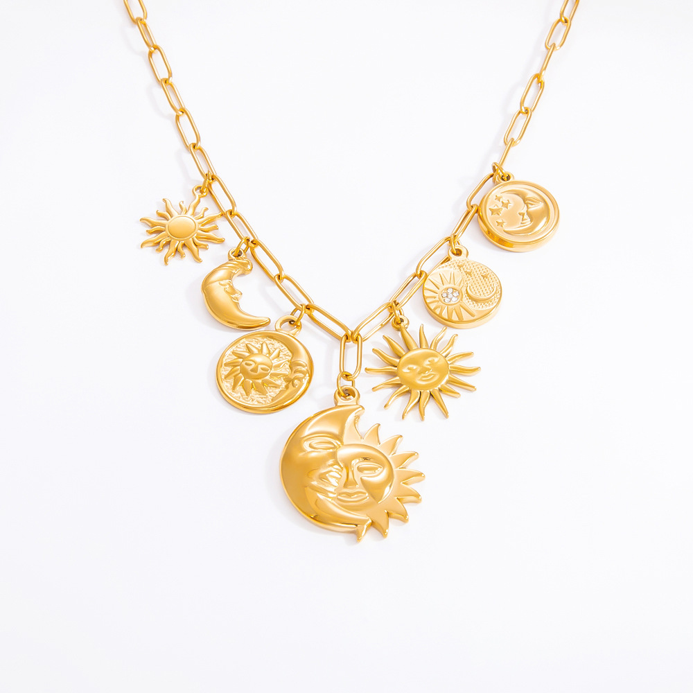 Women's Gender PVD Coated Real Gold Plated 18K Gold Sun Moon Heart Shape Titanium Steel Elegant Waterproof Non Tarnish Titanium Steel Pendant Necklace