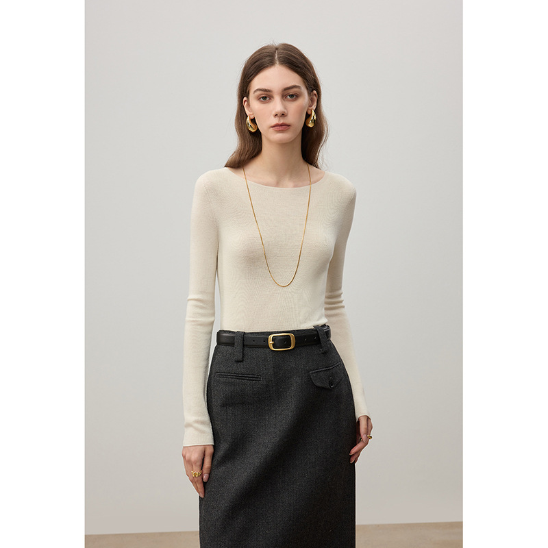 [120 Pieces of German Biella] Machine Washable 18-Stitch One-Line Collar Slimming Look Long-Sleeved Wool Knitted Bottoming Shirt for Women