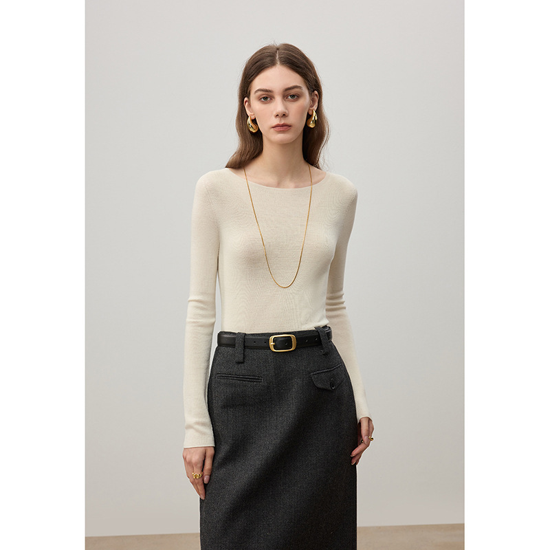 [120 Pieces of German Biella] Machine Washable 18-Stitch One-Line Collar Slimming Look Long-Sleeved Wool Knitted Bottoming Shirt for Women