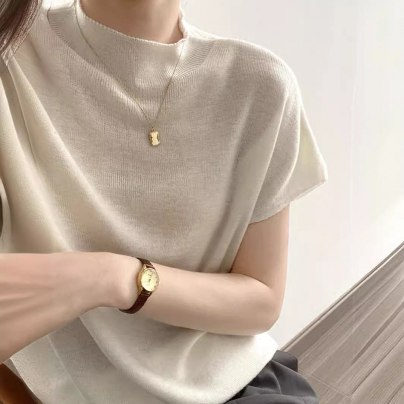 French Mock Collar Short-sleeved Sweater Women's Early Autumn Design Niche Chic Round Neck Pullover Loose Base Top