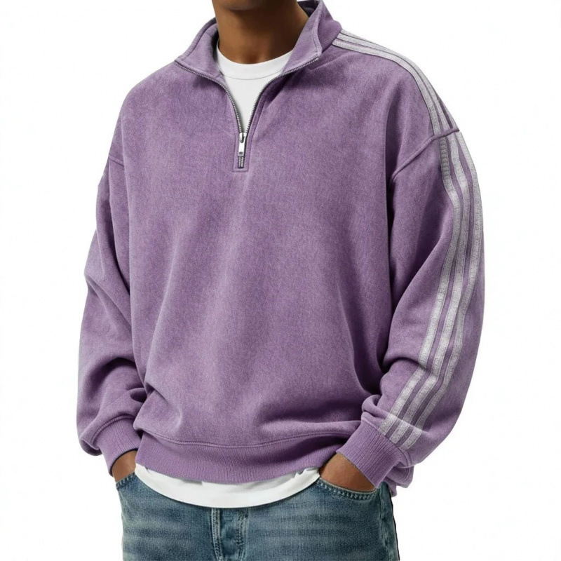 2026 European and American cross-border Amazon new autumn and winter men's retro fashion striped stand-up collar zippered long-sleeve sweatshirt for men