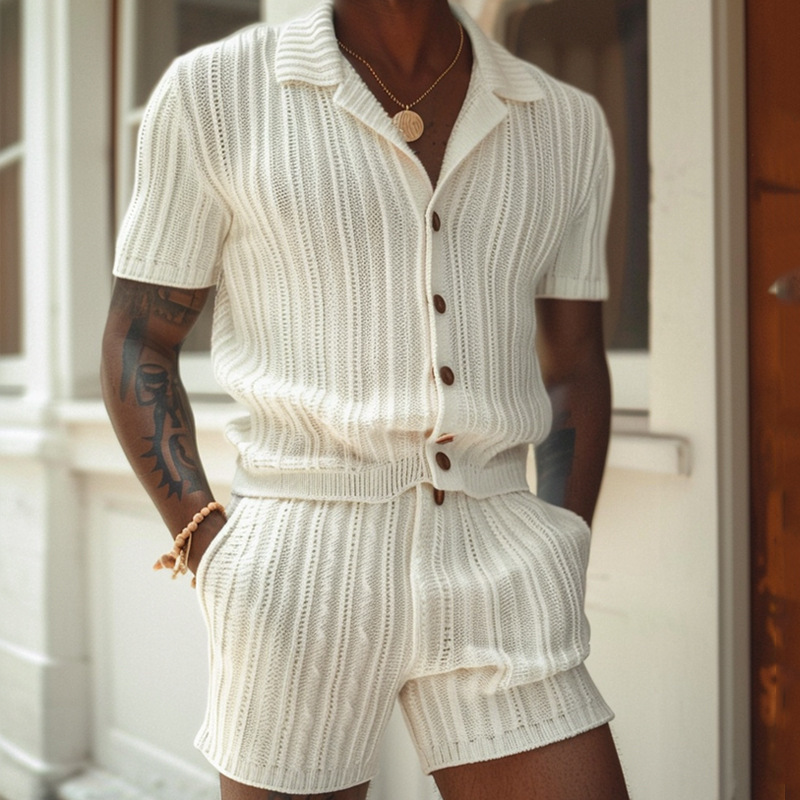 Summer New Casual Vertical Stripe Suit Slim Fit Lapel Short-Sleeved Button-Down Shirt Shorts Men's Woolen Summer Clothing Wholesale