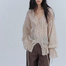 大廓形马海毛羊毛抽绳V领珍珠扣木耳边薄开衫毛衣