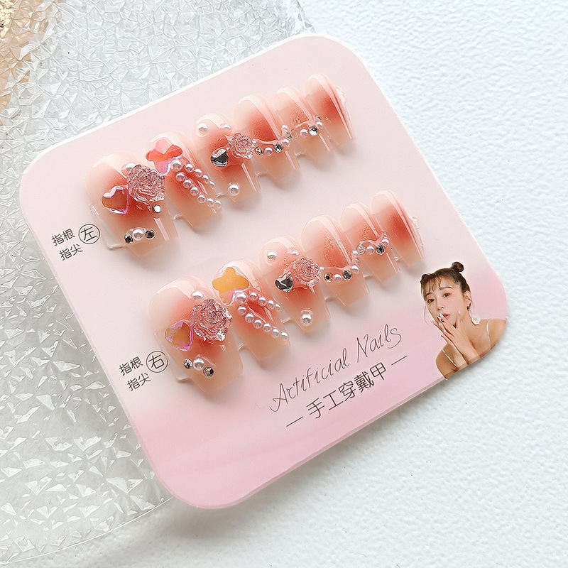 Yiwu Manicure Rendering Camellia 24 Pieces Handmade Thick Phototherapy Wearable Nail Pearl Necklace Fake Nail Patch