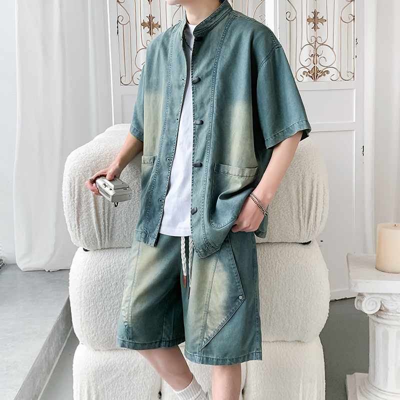 Plus-Size Lyocell New Chinese-Style Vintage Denim Set for Men, Summer Stand-Collar Loose Short-Sleeve Shirt and Shorts Men's Outfit Plus-Size Lyocell New Chinese-Style Vintage Denim Set for Men, Summer Stand-Collar Loose Short-Sleeve Shirt and Shorts Men's Outfit