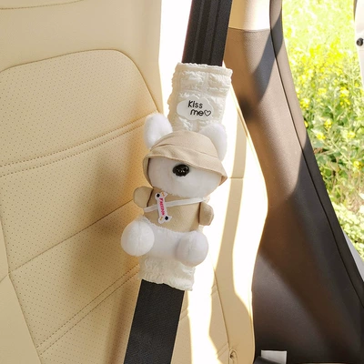 rabbit car anti-wear and anti-rein – Seat belt shoulder pad - kiss-beige-denim-puppy-single