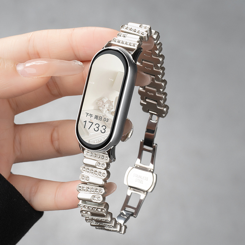 Suitable for Xiaomi Mi Band 8/9 Watch Strap, Metal Irregular Diamond-Encrusted Xiaomi Mi Band 10 Butterfly Buckle Women's Watch Strap
