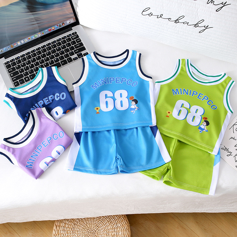 Children's Vest and Ball Uniform Set, Summer Cool Sleeveless Top and Shorts Two-Piece Breathable Sports Suit
