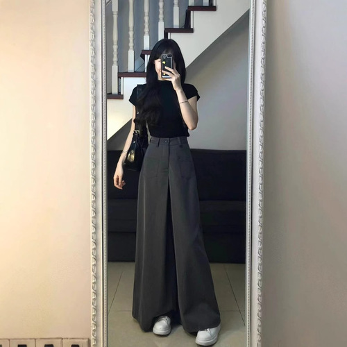 Women's High-Waisted Straight Leg Wide Leg Pants in American Suit Style, xs size, long and stylish, suitable for autumn, showing height, 145cm, 9-inch length