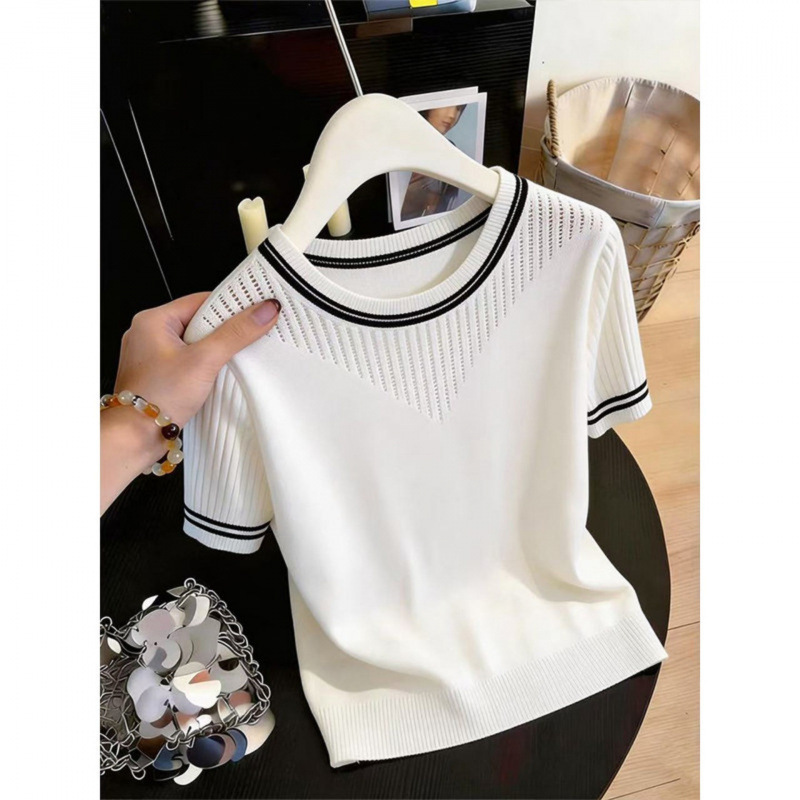 Knitted Short-Sleeve T-Shirt for Women, New Summer Style, Loose Hollow-Out Shorts Top, Thin Base Shirt for Women Knitted Short-Sleeve T-Shirt for Women, New Summer Style, Loose Hollow-Out Shorts Top, Thin Base Shirt for Women