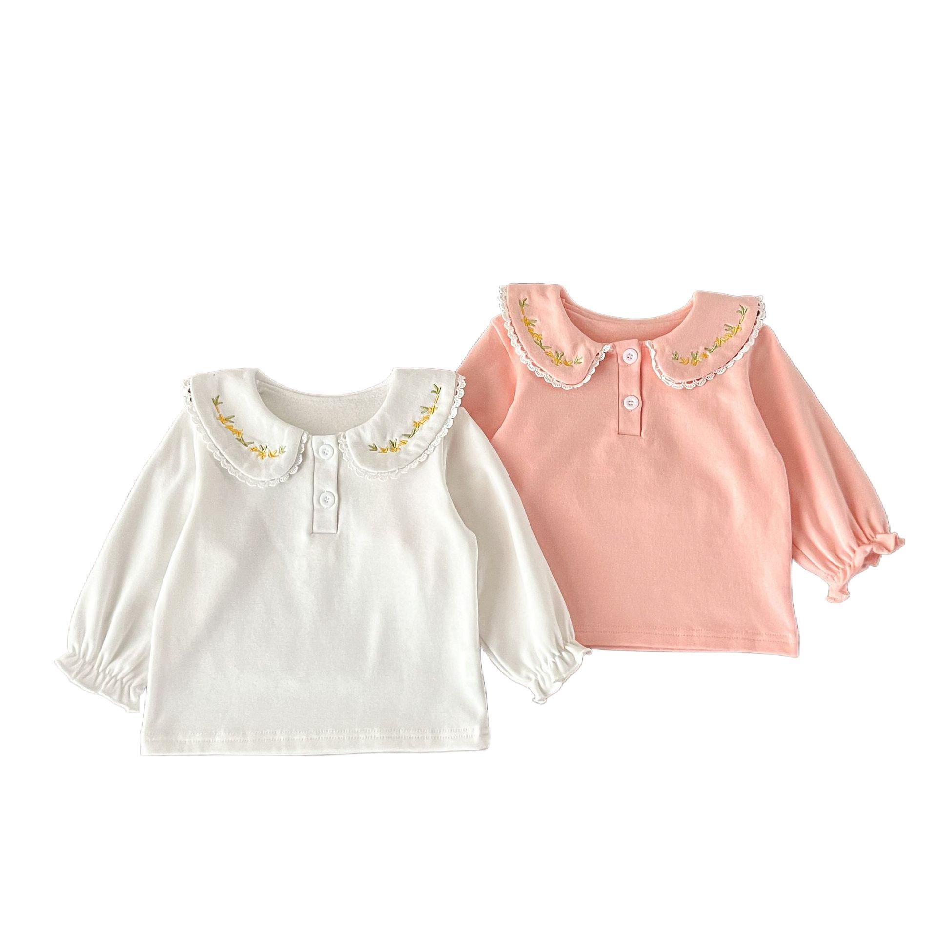 INS camisa de fondo de las niñas de bebé de estilo coreano primavera y otoño simple bebé bordado de los niños solapa superior de algodón de manga larga Camiseta moda