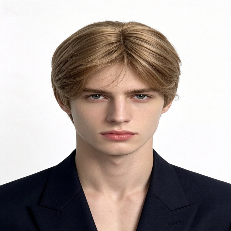Men's blonde middle-parted bangs performance prop, foreigner's full wig, golden short straight hair with middle parting Men's blonde middle-parted bangs performance prop, foreigner's full wig, golden short straight hair with middle parting
