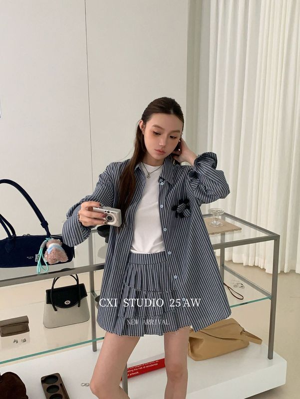 CXI 秋季新款美式小众廓形长袖衬衣裙子套装宽松条纹衫修身百褶裙|undefined