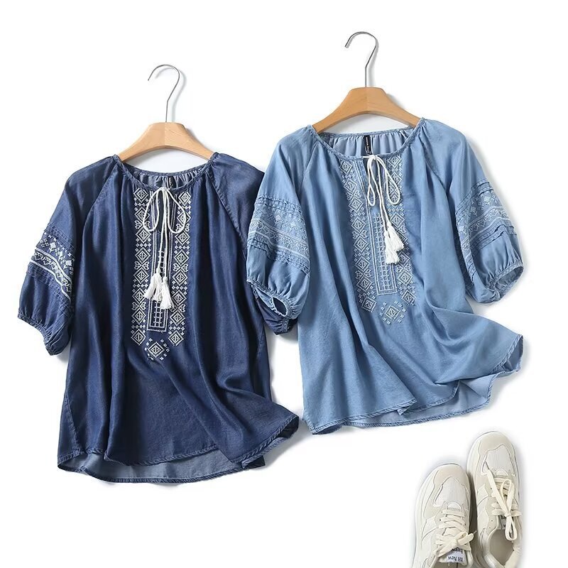 2024 Summer Tassel Lace-up Ethnic Embroidered Lyocell Tencel Denim Blouse 2024 Summer Tassel Lace-up Ethnic Embroidered Lyocell Tencel Denim Blouse