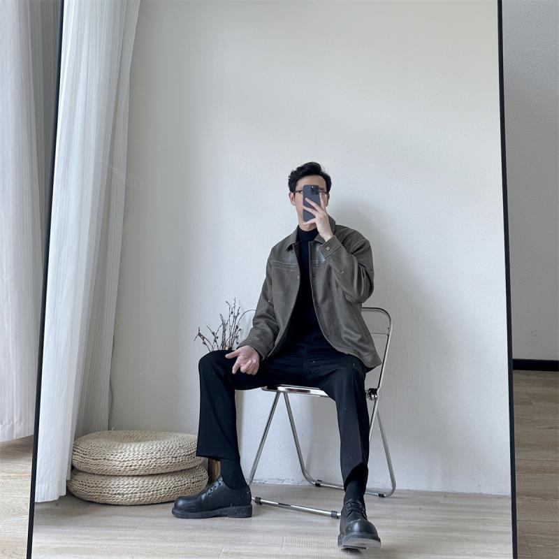 남성 자켓 봄과 가을 새로운 한국 스타일 캐주얼 디자인 센스 트렌디 리퍼 잘 생긴 남성용 가죽 옷깃 자켓 탑