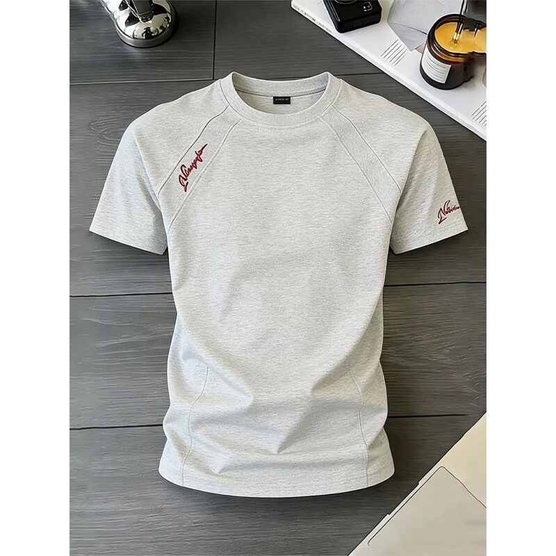 High-Quality Mamba Cotton White-Gray-Red Label Embroidered T-Shirt for Men, Summer Boxy Deconstructed Ribbed Patchwork Short-Sleeve Five-Quarter Sleeve High-Quality Mamba Cotton White-Gray-Red Label Embroidered T-Shirt for Men, Summer Boxy Deconstructed Ribbed Patchwork Short-Sleeve Five-Quarter Sleeve