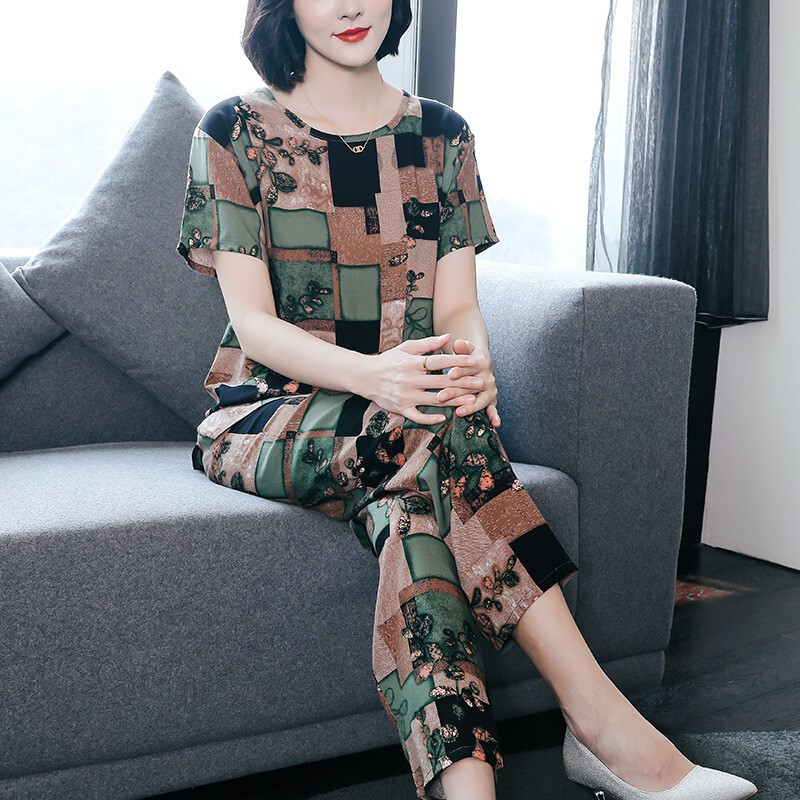 Pajamas for Women, Short-Sleeved, Thin, Artificial Cotton, Middle-Aged and Elderly Mothers, Cotton Silk, Women's Summer Wearable Home Clothes Set