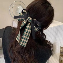 绿色格纹蝴蝶结发夹头饰女后脑勺顶夹复古优雅气质新款发饰香蕉夹