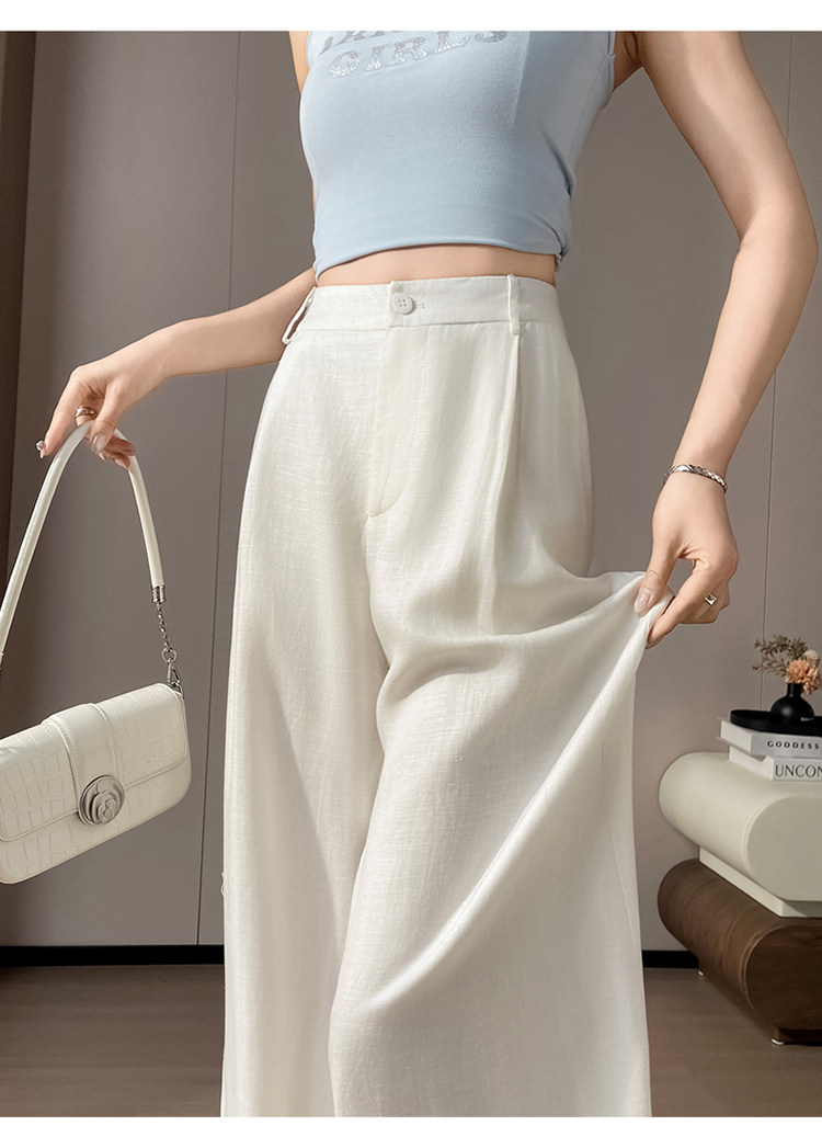 Quần culottes nữ ống rộng cạp cao vải linen phối sợi tencel, dáng suông dài chấm đất, phong cách Hàn Quốc mùa hè — Trắng Extended chi tiết 43