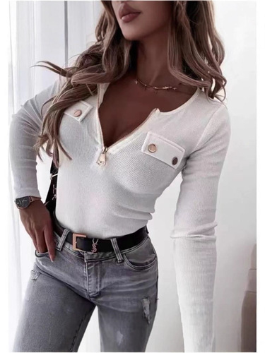New Autumn European and American Style Fashionable Knitted Slim-Fit Long-Sleeved Zip-Up Top T-Shirt