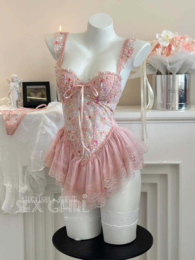 Floral Lace Corset Lingerie Set with Push-Up Pads, Mini Skirt and Thong — detail image 17