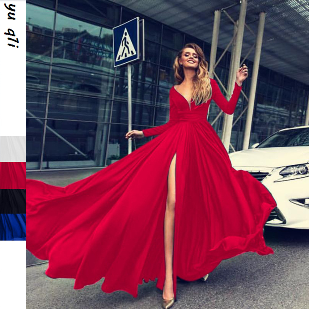 Vestido largo de manga larga con escote en V profundo, de seda de leche, sexy, nuevo, de trigo caliente, para exportación europea y americana 2025, en eBay y Amazon.
