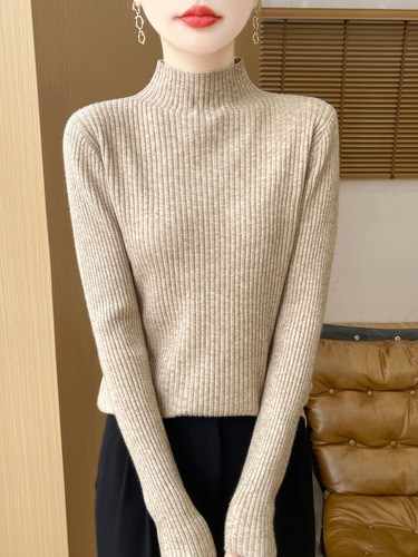Autumn New Semi-High Collar Women's Long-Sleeve Fitted Ribbed Casual Knit Top Crewneck Sweater Outerwear for Layering