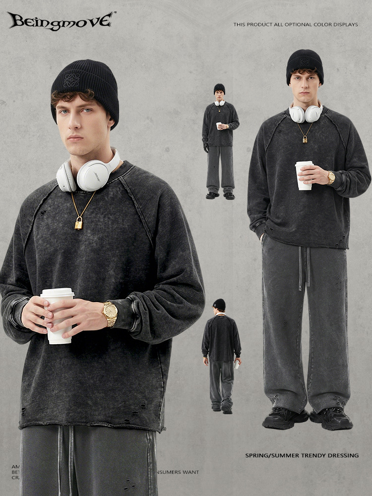2025 otoño marca de moda europea peso transfronterizo agujero crimpado cuello redondo manga larga camiseta de algodón masculino adolescente personalizada