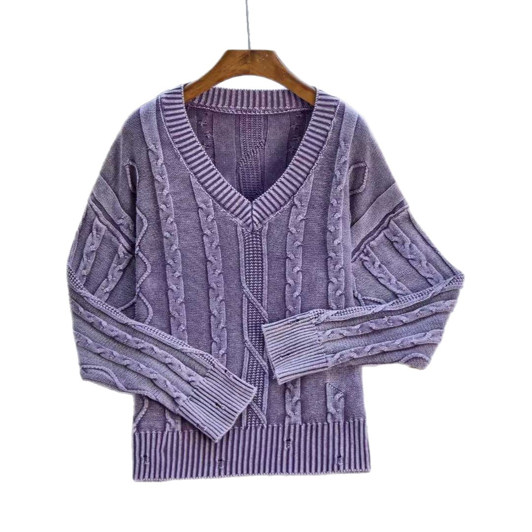 Coreano retro torcido cuello en V manga larga camiseta de punto suelta nuevo otoño y invierno hacer viejos agujeros suéter mujer ropa exterior image 6
