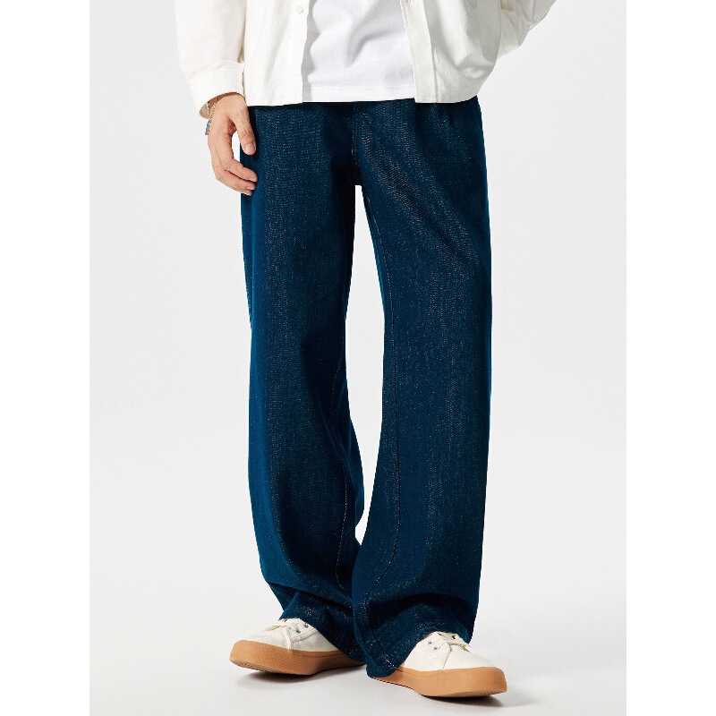 GTRG Japanese-style streetwear navy blue drapey straight casual trousers, original color elastic waist dress pants, wide-leg jeans for men GTRG Japanese-style streetwear navy blue drapey straight casual trousers, original color elastic waist dress pants, wide-leg jeans for men