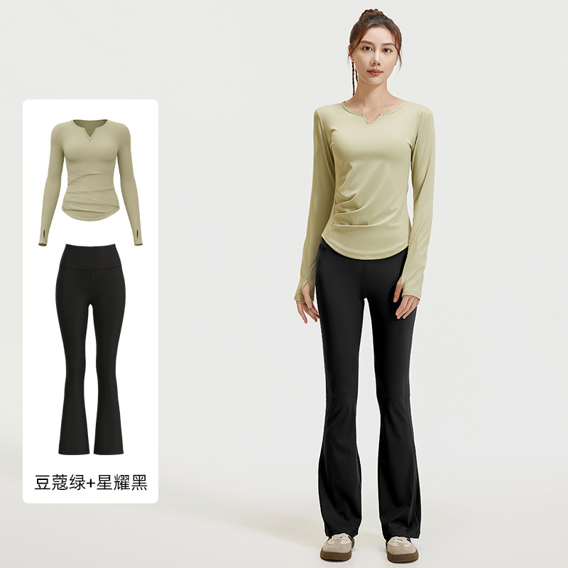 Juyitang otoño traje de yoga con cuello en v pliegues nude delgado delgado delgado traje de fitness largo mujeres