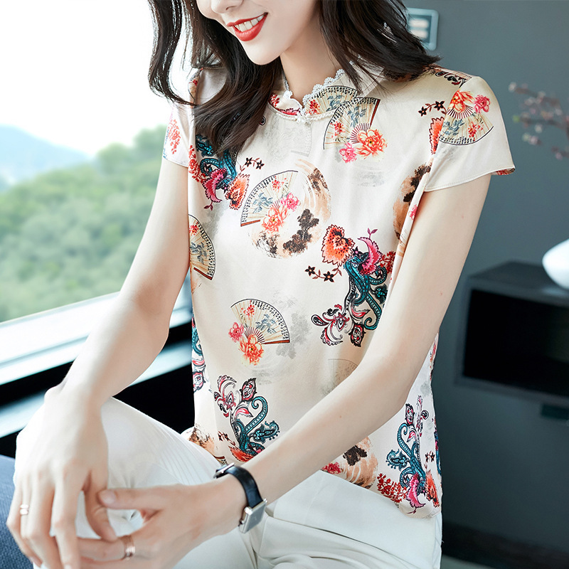 Summer New Retro Satin Silk Top with Stand Collar, Lace, Beading, and Printed Mulberry Silk Shirt 72872 Summer New Retro Satin Silk Top with Stand Collar, Lace, Beading, and Printed Mulberry Silk Shirt 72872