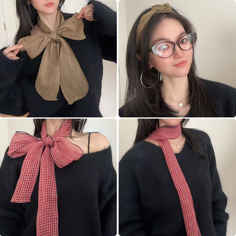 Sciarpa in seta e lino donna stile giapponese retro a quadri_voghion.com