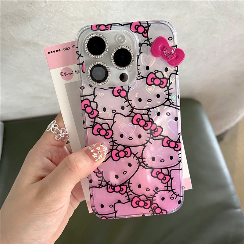镭射渐变粉色满屏KT猫头iPhone16苹果15适用13/14pro max手机壳套|undefined