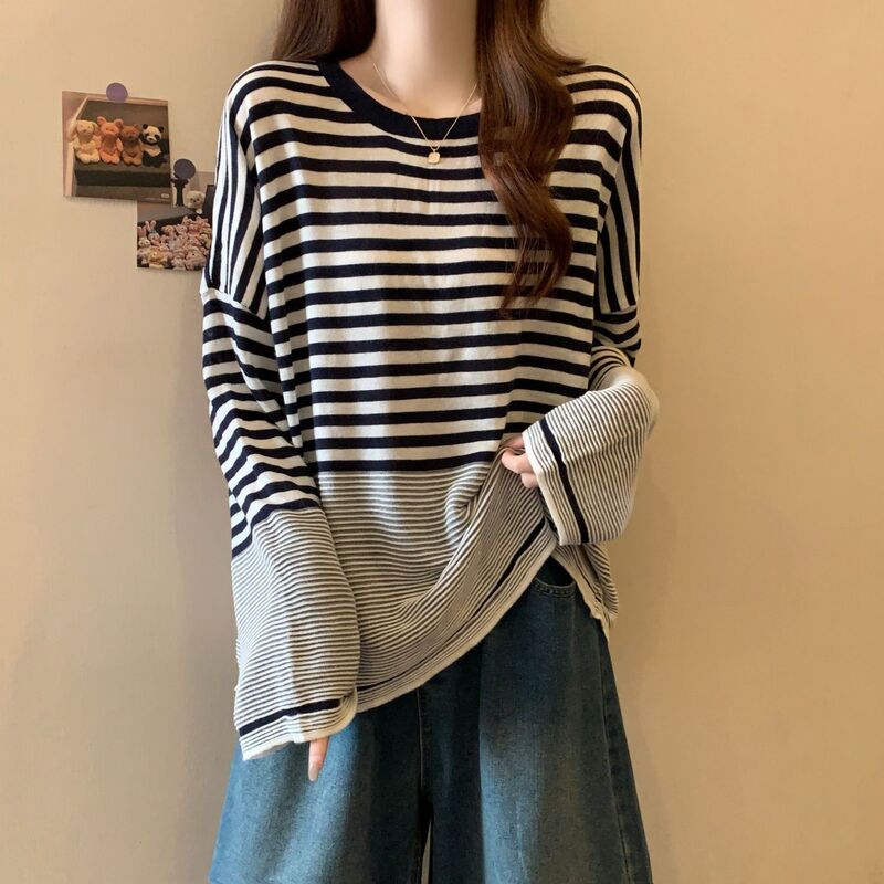 韩版宽松慵懒条纹套头针织衫秋季大码胖mm时尚显瘦毛衣长袖上衣潮|undefined