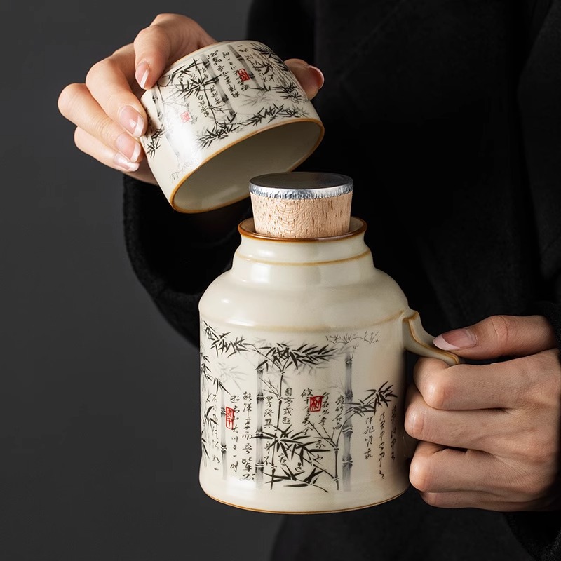 Beige Ru Kiln Office Cup Ink Bamboo Small Warm Pot Water Cup Ceramic One-person Teapot Large Capacity Tea Cup Accompanying Ceremony
