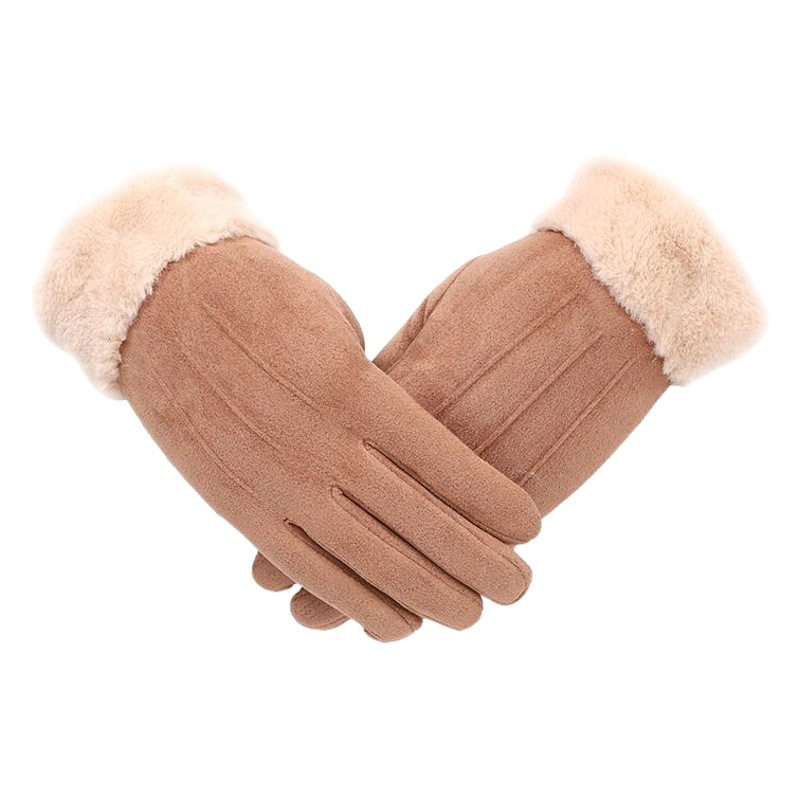 Guantes de gamuza para mujer invierno cálido a prueba de frío estilo coreano forrado de lana gruesa de cinco dedos guantes de pantalla táctil marea