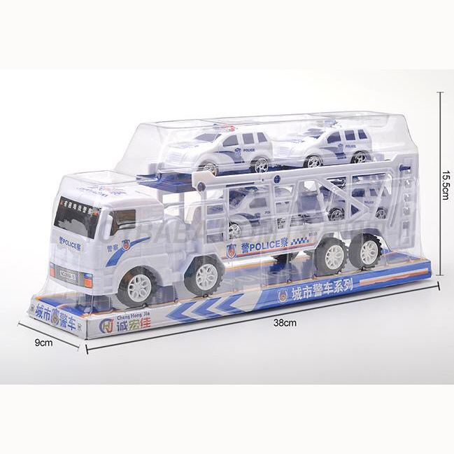 Modelo de simulación para niños del sudeste asiático juguete de coche de contenedor con 5 deslizamiento modelo de coche de policía inercia remolque de doble capa