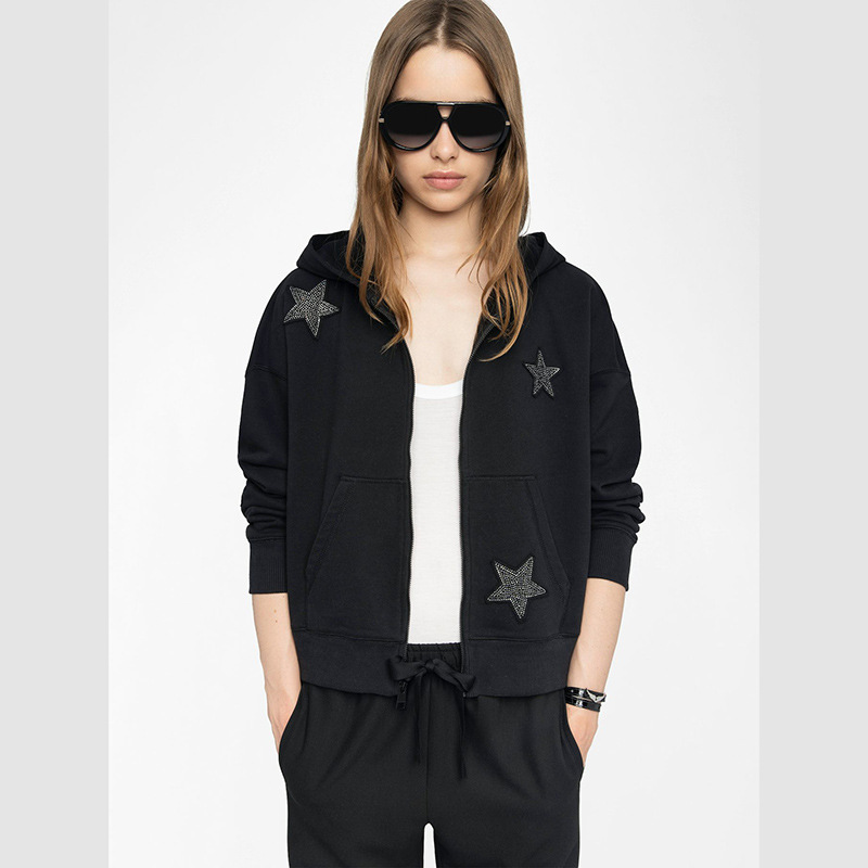 25 Autumn and Winter New French Niche Full-Body Star Patch Embroidered Hot Diamond Women's Velvet Zipper Hooded Jacket