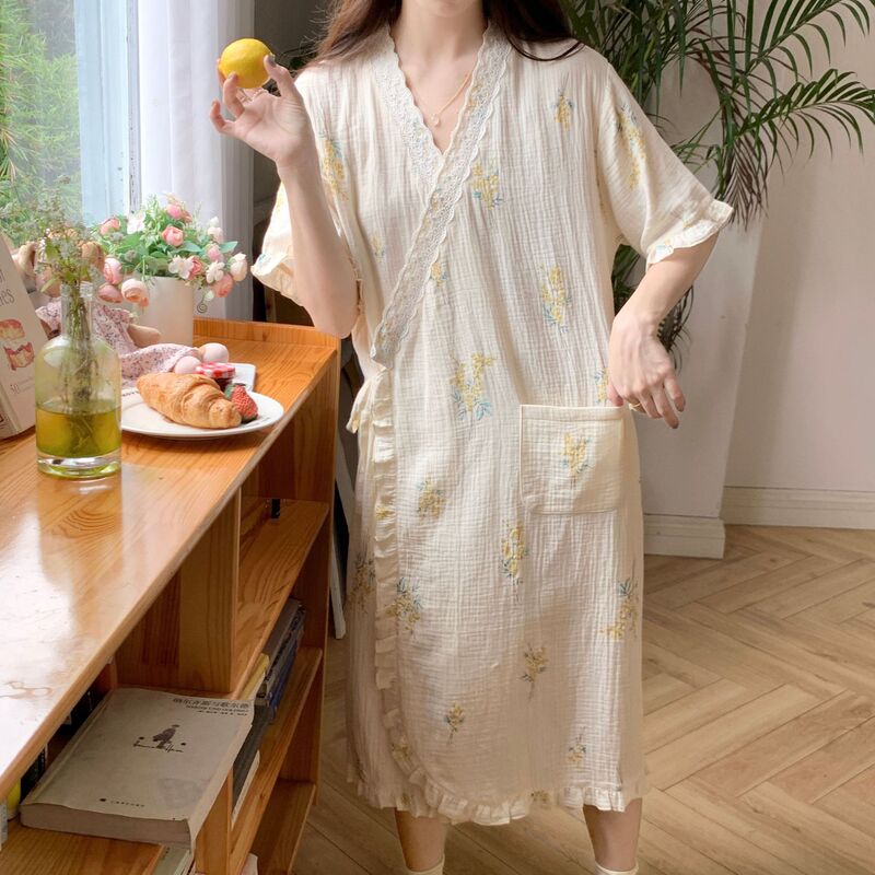 Spot [3238] New Chinese Hanfu Loose Nightdress Pregnant Women's Skirt Thin Japanese Summer Gauze Short Sleeve Dress