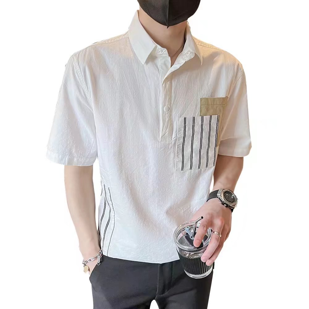 2024 costura a rayas personalidad estilo británico camisa POLO de manga corta camiseta de hombre otoño camiseta de hombre americano joven