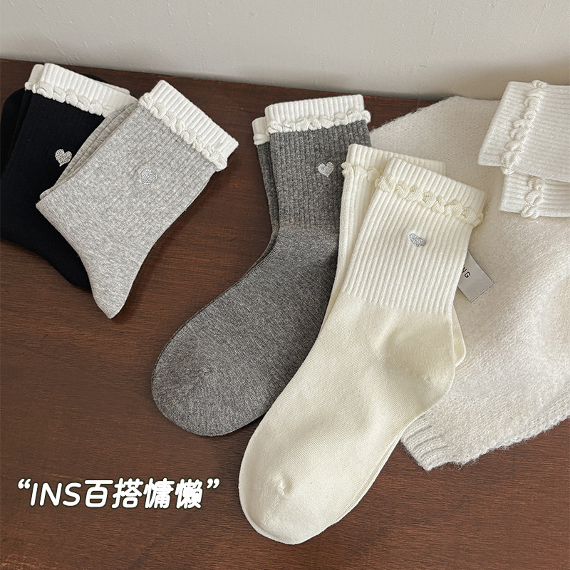 爱心刺绣袜子女秋冬中筒袜韩系ins风堆堆袜防臭吸汗无骨诸暨女袜|undefined