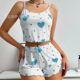 Summer New European and American 2024 Knitted Pit Strip Love Printing Design Sweet Sling Shorts Pure Pajamas for Women