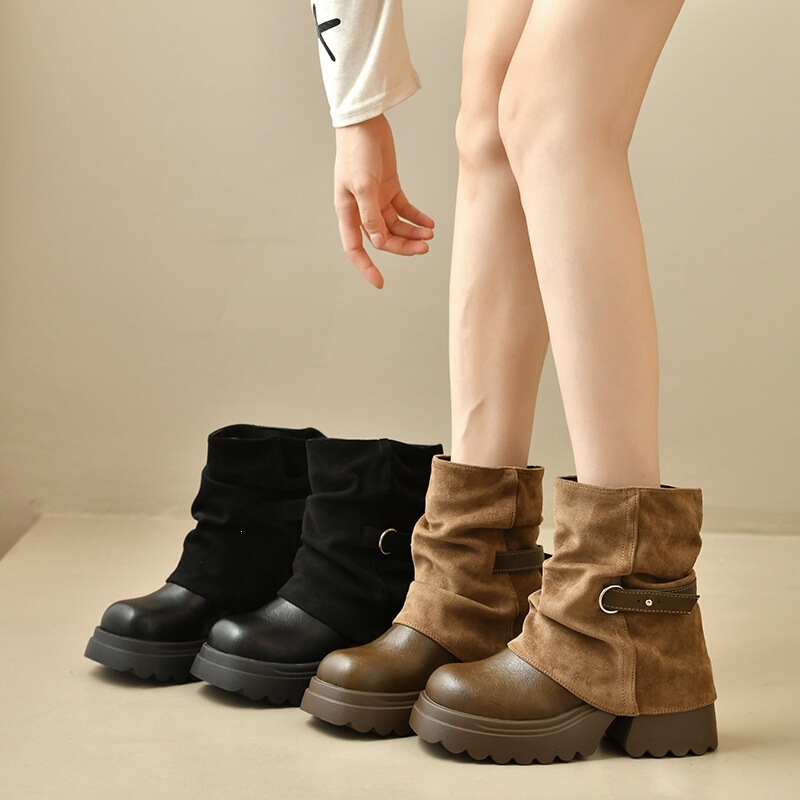 Chunky-heeled Martin boots for petite women, new 2026 pleated short boots, women's autumn trendy shoes, height-increasing retro beauty Chunky-heeled Martin boots for petite women, new 2026 pleated short boots, women's autumn trendy shoes, height-increasing retro beauty