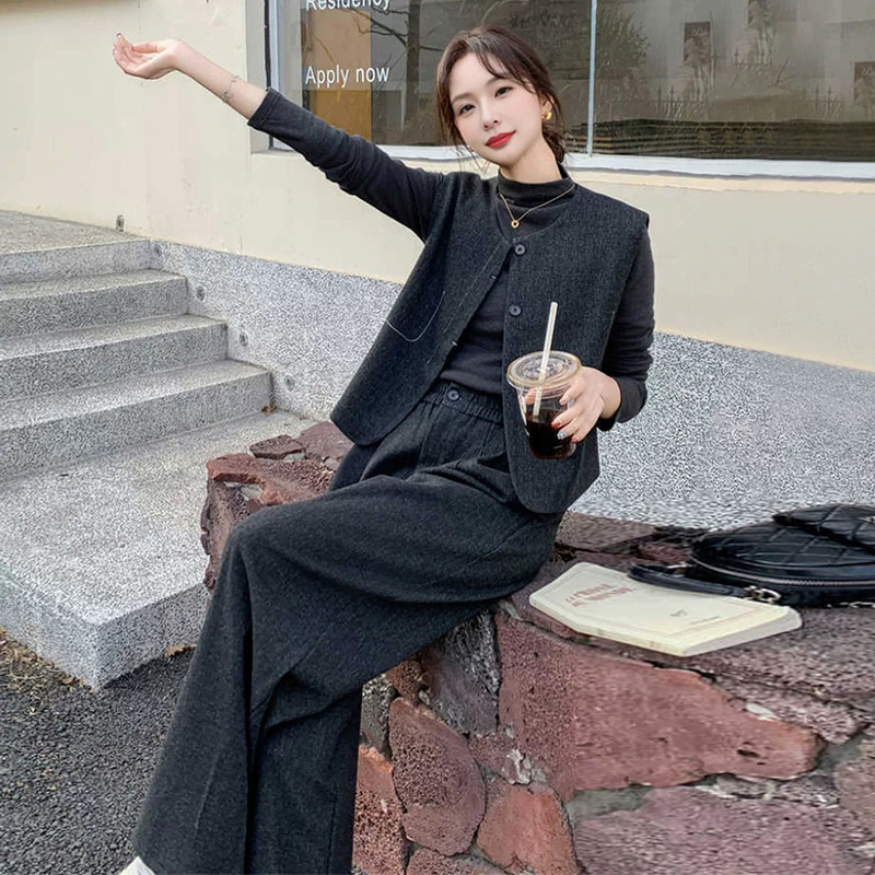 2025超火穿搭一整套女秋洋气灰色马甲上衣内搭打底衫阔腿裤三件套|undefined