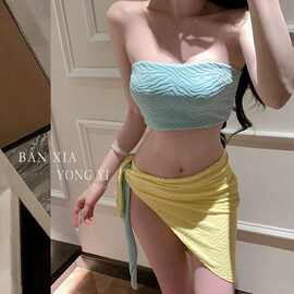 双色彩休闲度假三件套分体泳衣女挂脖抹胸性感辣妹比基尼温泉泳衣